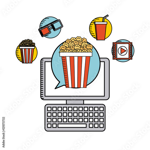 movie online flat line icons vector illustration design