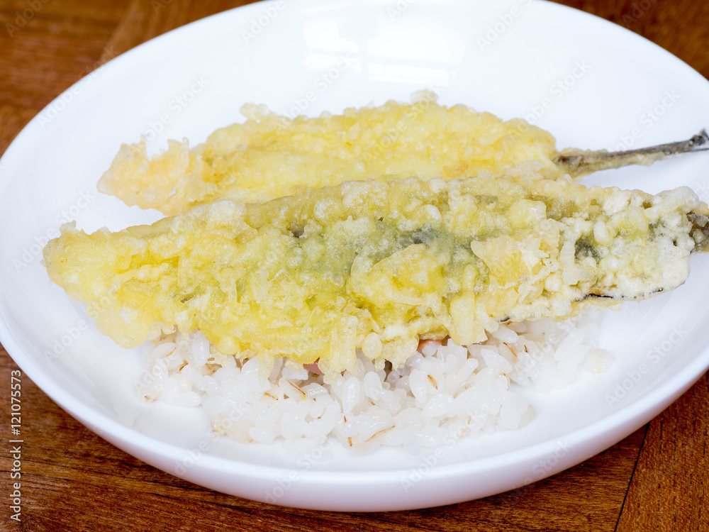 Japanese cuisine, fried fish on the rice called a Tendon in Japa Japanese cuisine, fried fish on the rice called a Tendon in Japa
