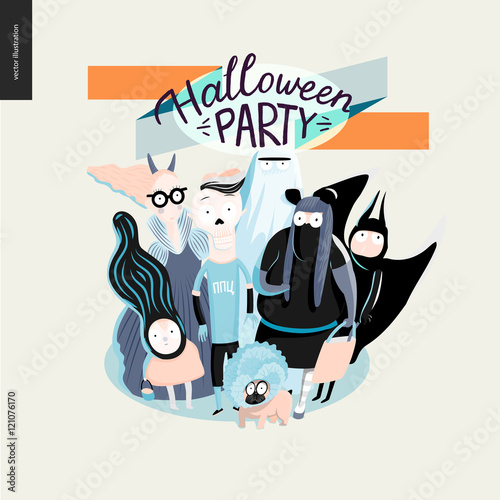 Treak or treat group of children, greeting card with lettering. Vector cartoon illustrated group of kids wearing Halloween costumes and a french bulldog, scared by something. Composition accompained