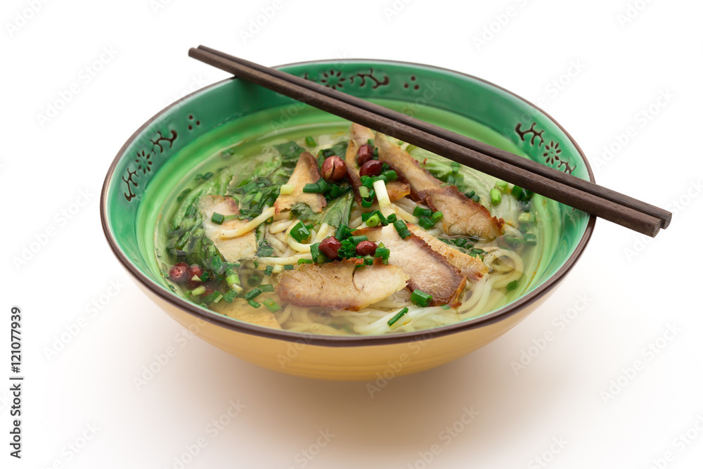 bowl of guilin rice noodles with chopsticks on white background bowl of guilin rice noodles with chopsticks on white background