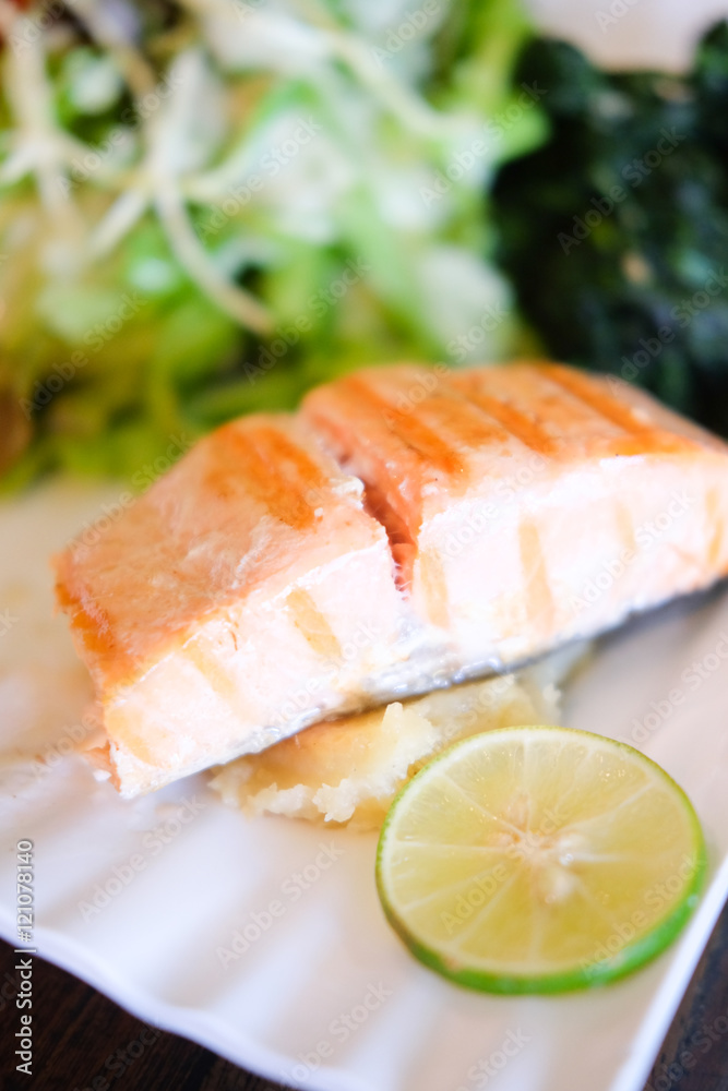 Salmon fish grilled steak and salad Salmon fish grilled steak and salad