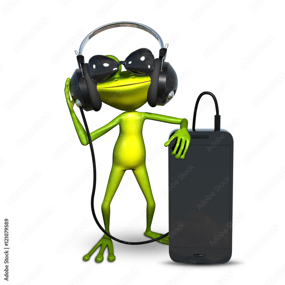 3D Illustration of a Frog with Headphones with Smartphone 3D Illustration of a Frog with Headphones with Smartphone