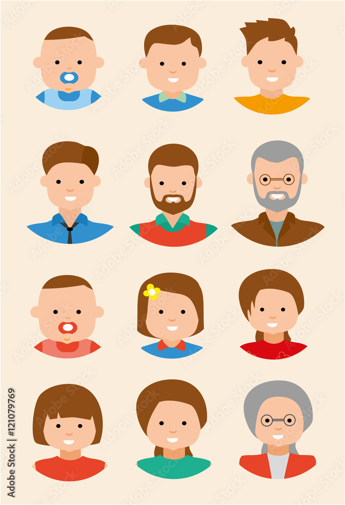 Twelve Colorful flat faces icons of men and women in different ages: Young, adult, senior. Twelve Colorful flat faces icons of men and women in different ages: Young, adult, senior.