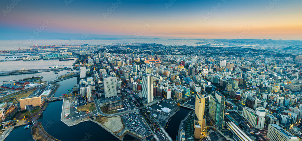 Fototapeta premium Aerial pamorama view of Yokohama Cityscape at Minato Mirai waterfront district.