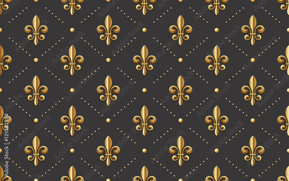 seamlessly tiling fleur de lis pattern - golden french royal symbol on a  dark grey background, wallpaper design Stock Vector | Adobe Stock
