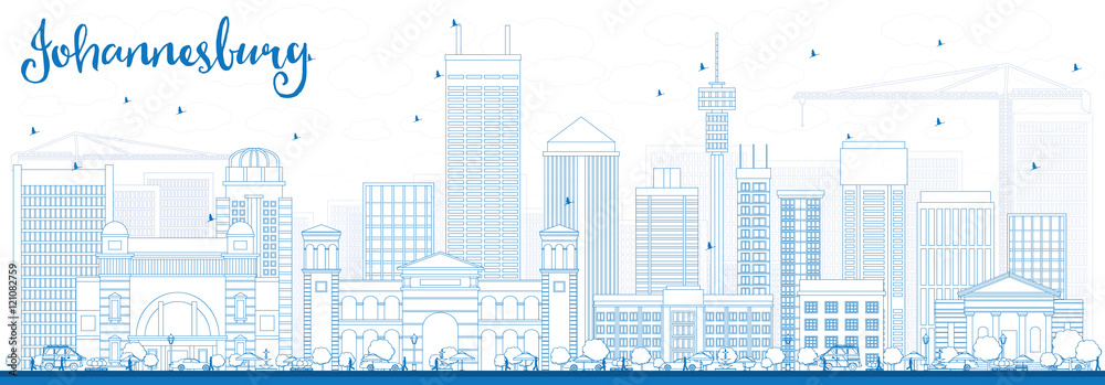 Obraz premium Nakreśl panoramę Johannesburga z niebieskimi budynkami.