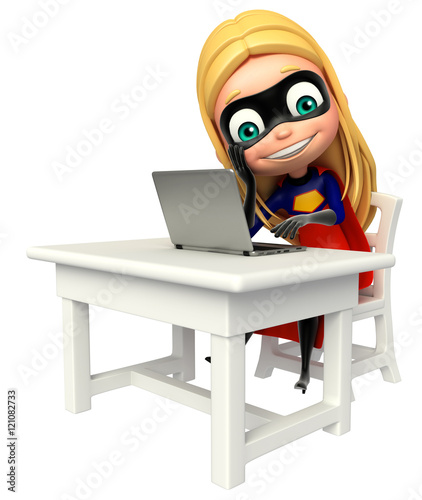 фотография supergirl with Table chair and laptop