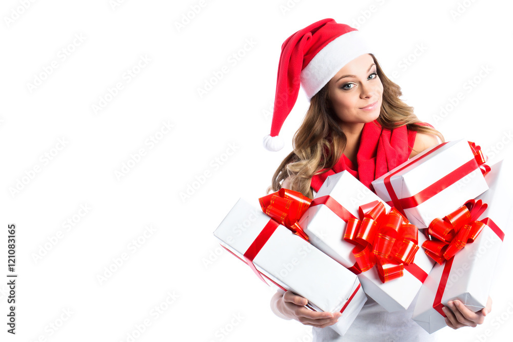 Beautiful young woman with Christmas present isolated on white background. Beautiful young woman with Christmas present isolated on white background.