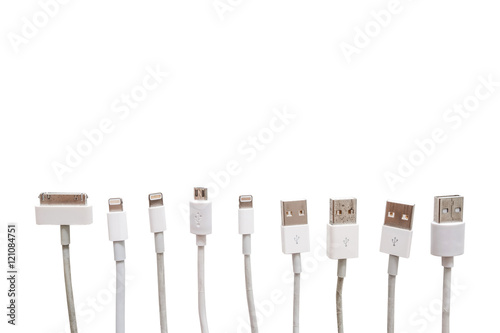 Various USB cable port, old and new, isolated on white background