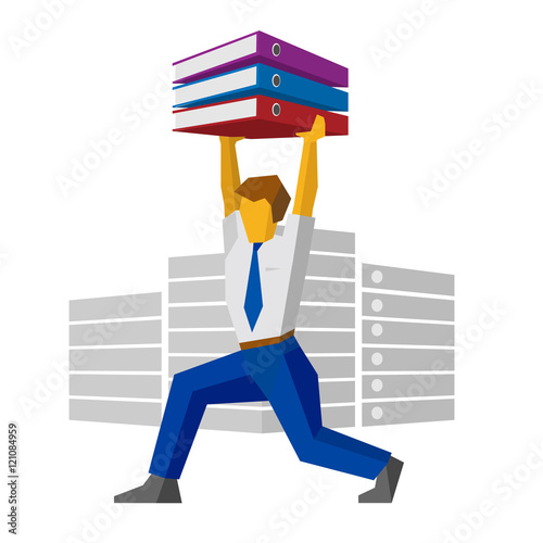Businessman raises binders with papers like weightlifter