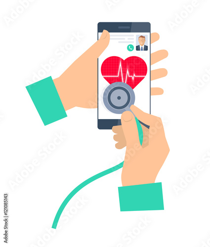 Doctor using a stethoscope on a phone. Telemedicine and teleheal