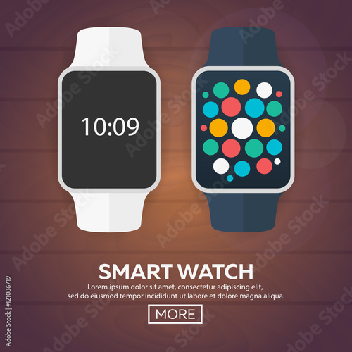 Smart watch isolated on white. Stainless silver  . Vector   with  app.    reflected   surface.  icon    screen.   face eps