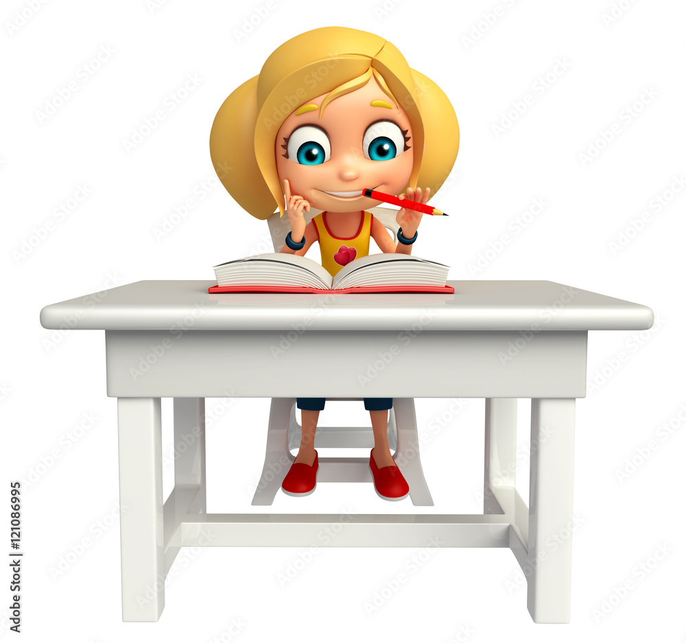 Kid girl with table chair book Kid girl with table chair book