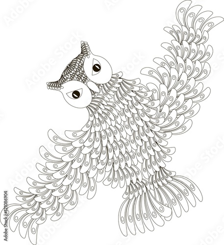 Stylized black and white flying owl, hand drawn, vector illustration