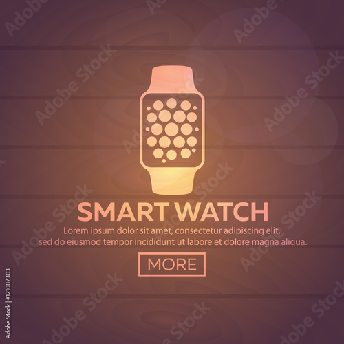 Smart watch isolated on white. Stainless silver  . Vector   with  app.    reflected   surface.  icon    screen.   face eps