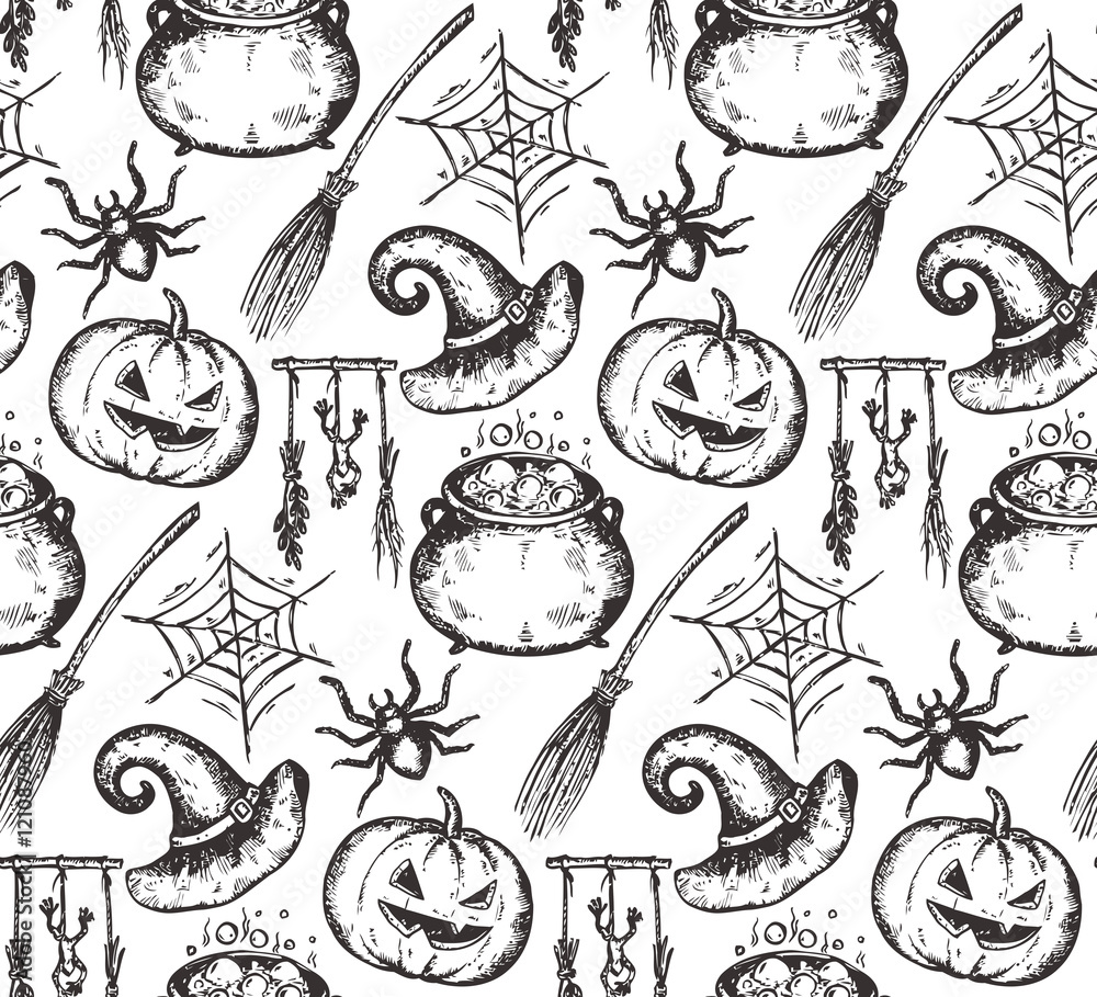 Obraz premium Vector seamless pattern with sketch Halloween characters