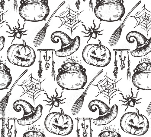 Vector seamless pattern with sketch Halloween characters