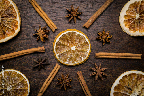 Ornament from dried oranges, cinnamon sticks, anise stars