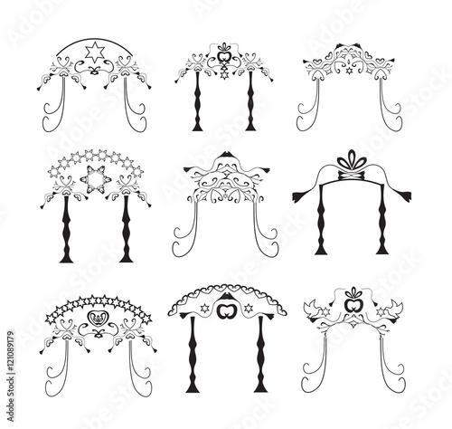 Set of vintage graphic Chuppah. Religious Jewish wedding canopy for. Vector illustration on isolated background