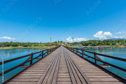 Wooden bridge over the river (Mon Bridge) in Sangkhlaburi District, Kanchanaburi, Thailand.