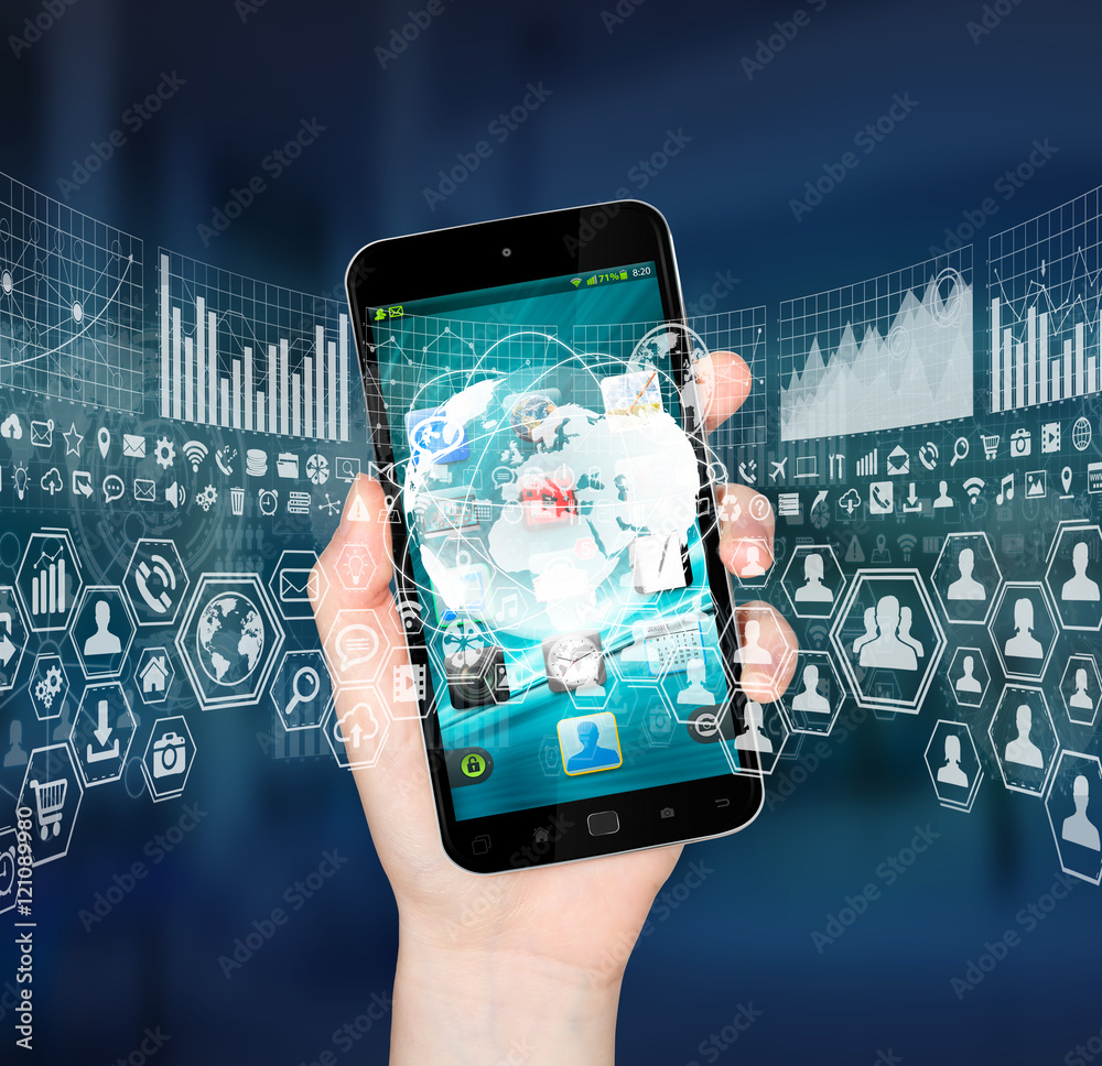 Obraz premium Businesswoman using digital mobile phone charts interface
