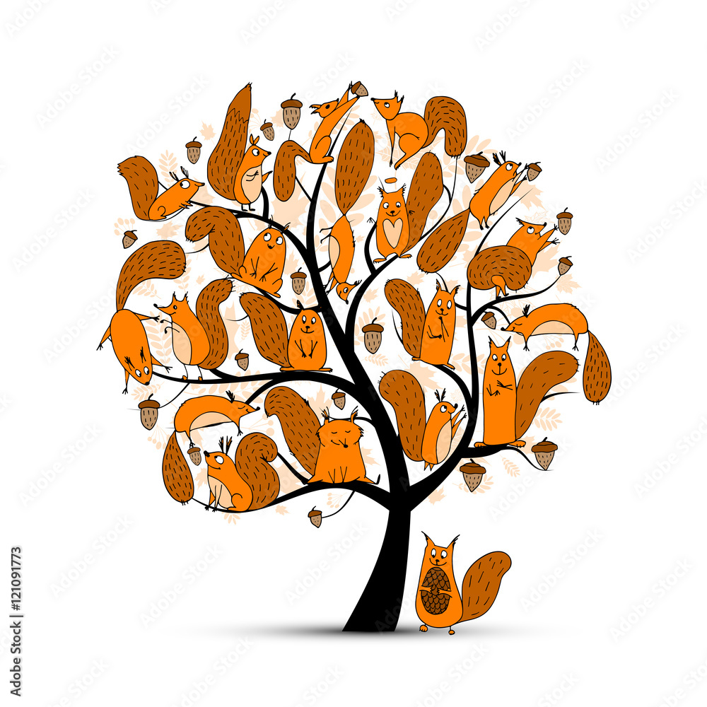 Obraz premium Śmieszna rodzina wiewiórek, drzewo sztuki do projektowania