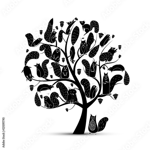 Fototapeta Naklejka Na Ścianę i Meble -  Funny squirrel family, art tree for your design