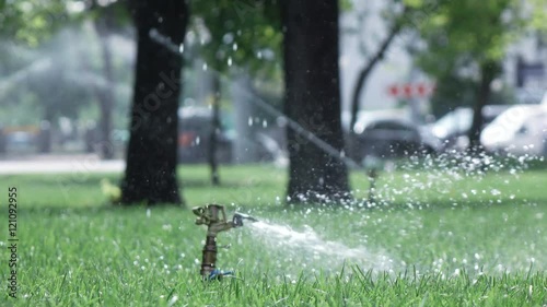 Sprinkler irrigation in park photo