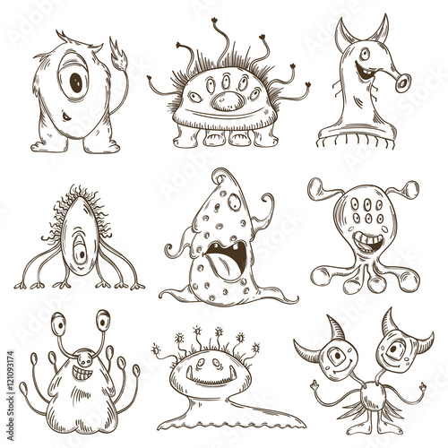 Cute monsters set. Cartoon characters in sketch style. Hand drawn vector illustration