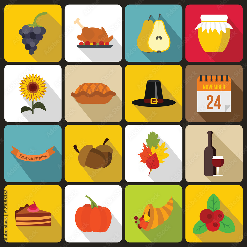 Thanksgiving icons set in flat style. Autumn elements set collection vector illustration Thanksgiving icons set in flat style. Autumn elements set collection vector illustration
