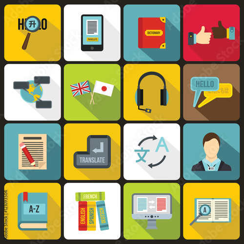 Learning foreign languages icons set in flat style. Language interpreter set collection vector illustration