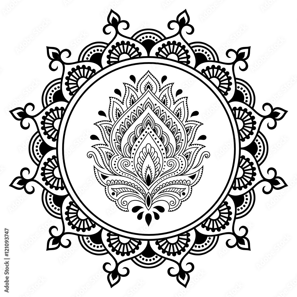 A circular pattern in the form of a mandala.Henna tattoo flower template in Indian style. Ethnic floral paisley - Lotus. Mehndi style. Decorative pattern in oriental style.
A circular pattern in the form of a mandala.Henna tattoo flower template in Indian style. Ethnic floral paisley - Lotus. Mehndi style. Decorative pattern in oriental style.