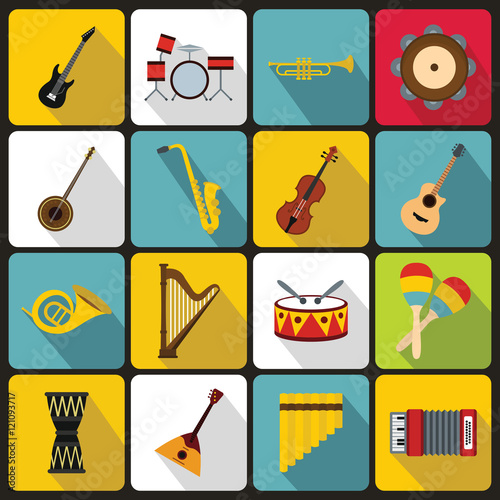 Musical instruments icons set in flat style. Orchestra instruments set collection vector illustration