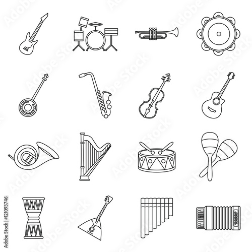 Musical instruments icons set in outline style. Orchestra instruments set collection vector illustration