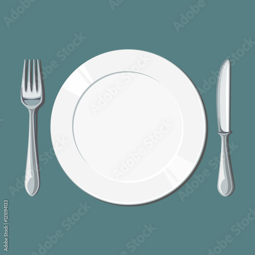 Empty white plate with knife and fork. Vector illustration