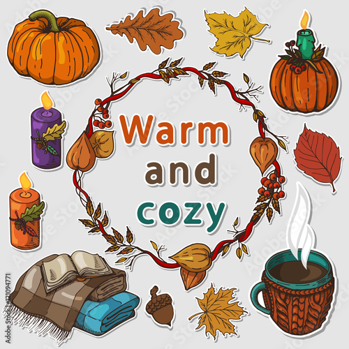 set of autumn warm and cozy things, autumn interior items  and autumn leaves