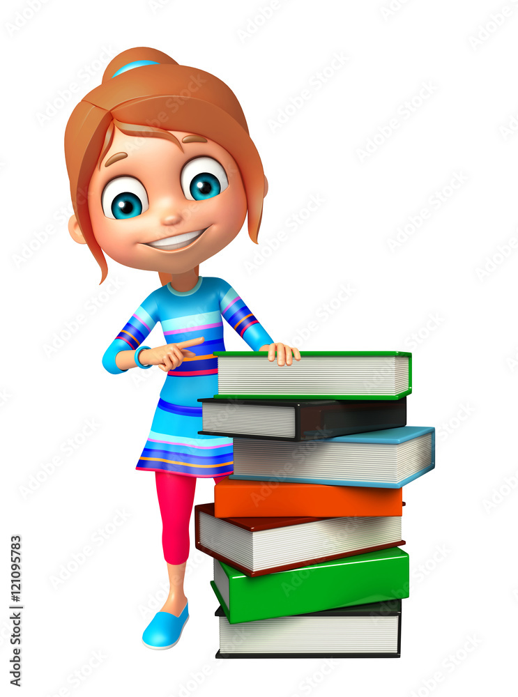 kid girl with Book stack