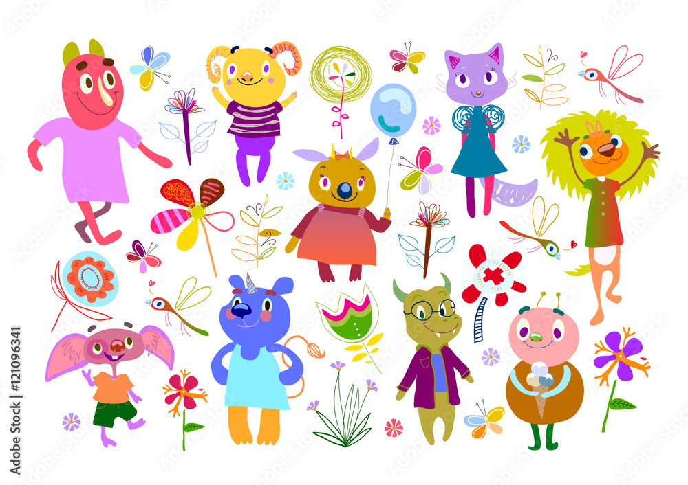 Obraz premium Set of Monsters, Flowers, Butterflies, Dragonflies. Funny Cartoon fantastic creatures. Cute fabulous incredible characters for children's design collection. Big bundle elements isolated on white. 