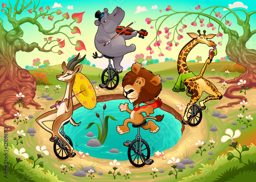 Funny wild animals on unicycles are playing in the wood