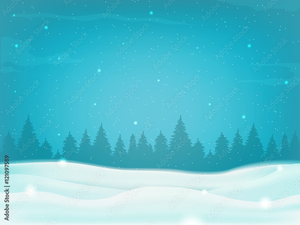 Beautiful winter landscape background with winter tree silhouette. Vector