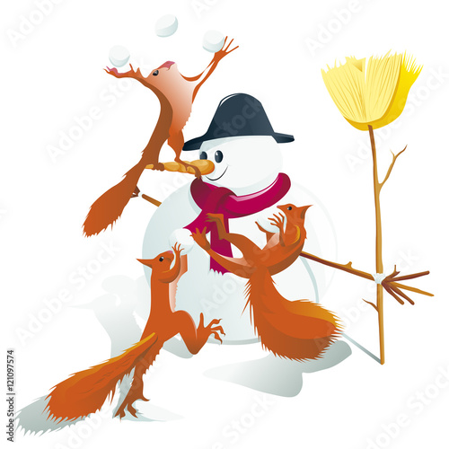 bonhomme de neige avec des écureuils