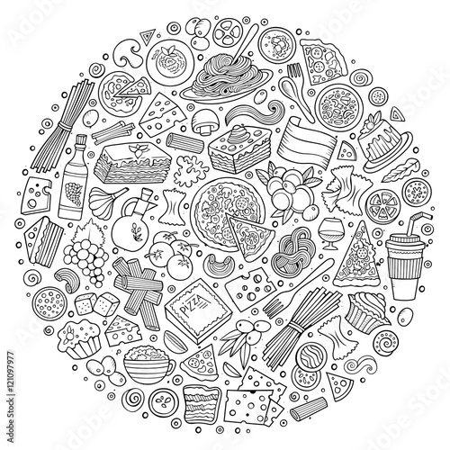 Set of Italian food cartoon doodle objects, symbols and items
