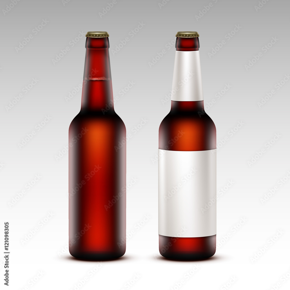 Set of Closed Blank Glass Transparent Brown Bottles of Dark Red Beer with without White labels on Background
