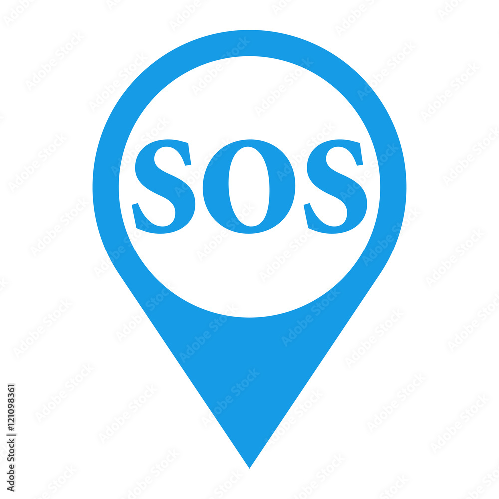 Icono plano localizacion texto SOS azul Icono plano localizacion texto SOS azul