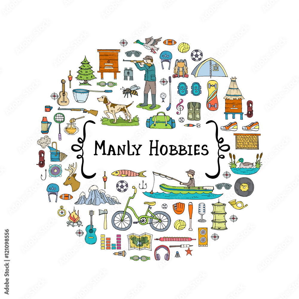 Cover with hand drawn colored manly hobbies on white color Cover with hand drawn colored manly hobbies on white color