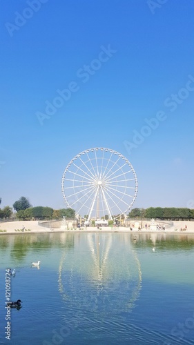 Paris, France. August 30th 2016. Les Tuileries park with the "Roue de Paris" (Big Wheel of Paris) refecting in a pound under a sunny sky