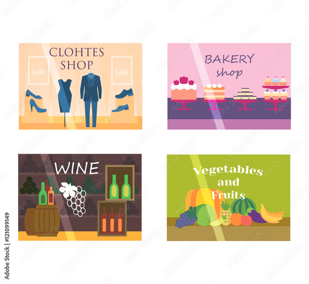 Set of vector flat design restaurants and shops facade icons. Includes ...