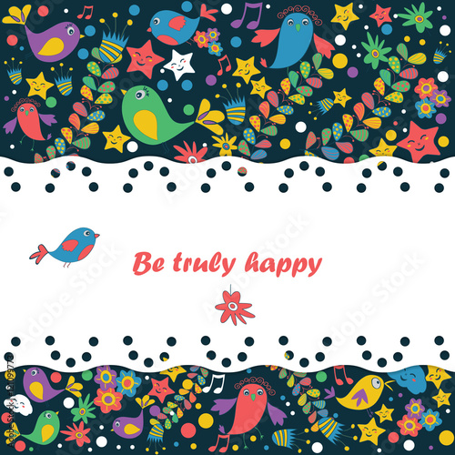 Floral card design, flowers , leaf, birds, stars doodle elements. Illustration made of flowers , leaf, birds,. Vector decorative invitation. Spring elements. Floral doodles.  be truly happy