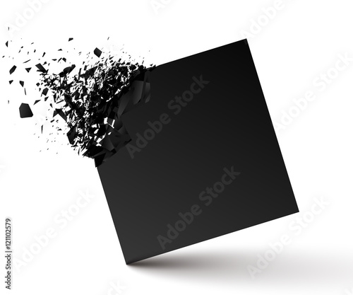 Black square with debris on white background. Abstract black explosion. Geometric background. Vector