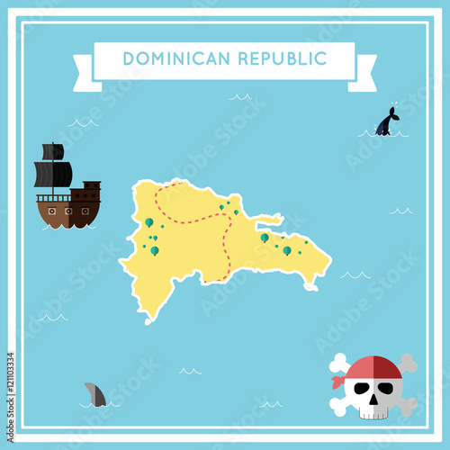 Flat treasure map of Dominican Republic. Colorful cartoon with icons of ship, jolly roger, treasure chest and banner ribbon. Flat design vector illustration.